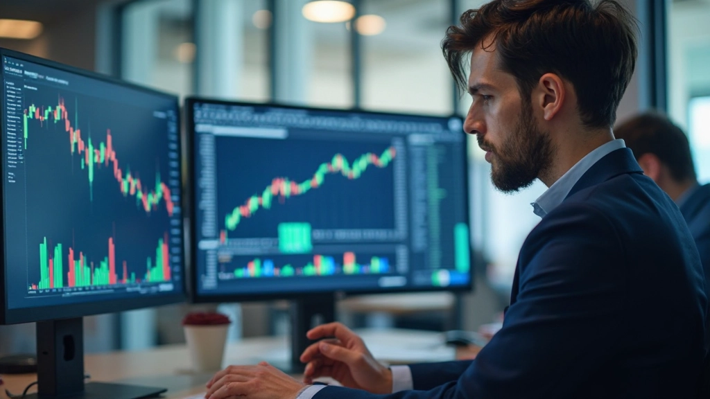 Profissional analisando gráficos de investimento e crescimento financeiro em tela