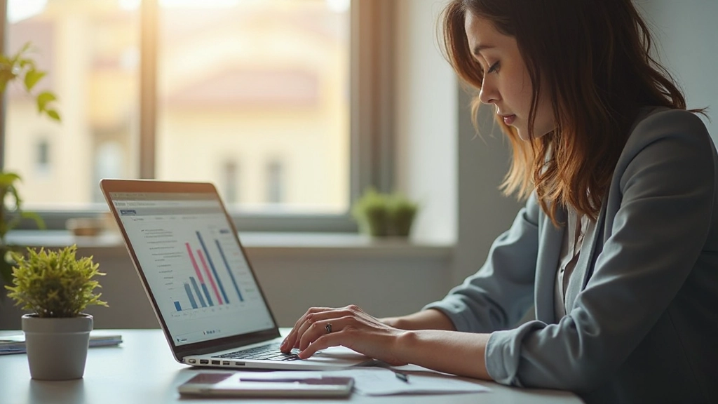 Mulher analisando gráficos de poupança em seu laptop