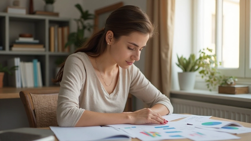 Mulher analisando orçamento mensal no laptop com gráficos de despesas